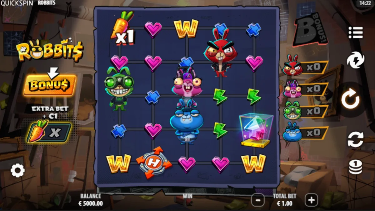 Tampilan visual karakter kelinci dalam slot Robbits yang sedang merencanakan perampokan kasino.